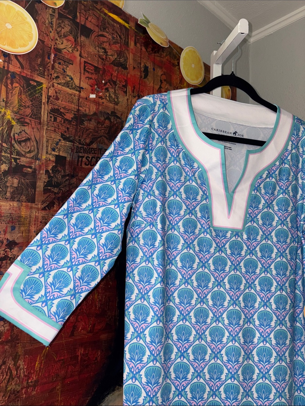 Caribbean Joe Blue & Teal Shell-Print Tunic Dress with White Trim Size M NWT - Picture 2 of 5
